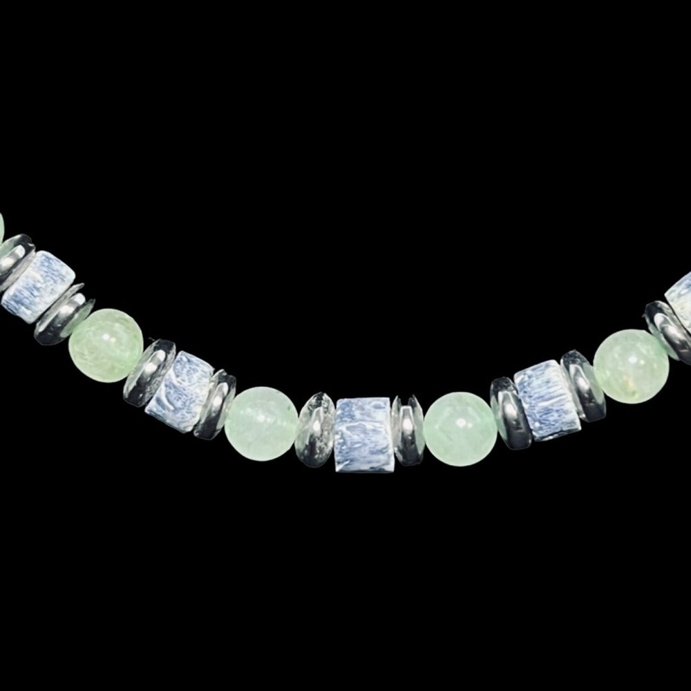Semi Precious Green & Blue Bead Necklace, Bracelet & Pierced Earrings Set (4939) - Picture 4 of 13